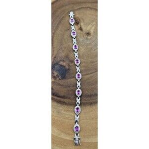 Vintage Sterling Silver & Pink Topaz Gems Link/Tennis Bracelet Marked 925 7.5"